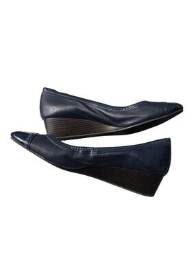 Cole Haan Navy Blue Leather Wedge Shoes with Patent Toe Cap